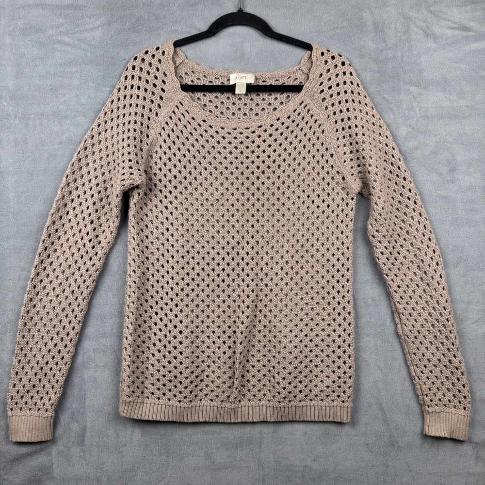 LOFT Beige Crochet Knit Sweater Top Long Sleeve Square Neck Women's‎ Medium